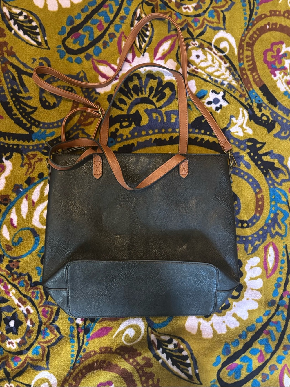 Black Tote Bag with Tan Straps - Women